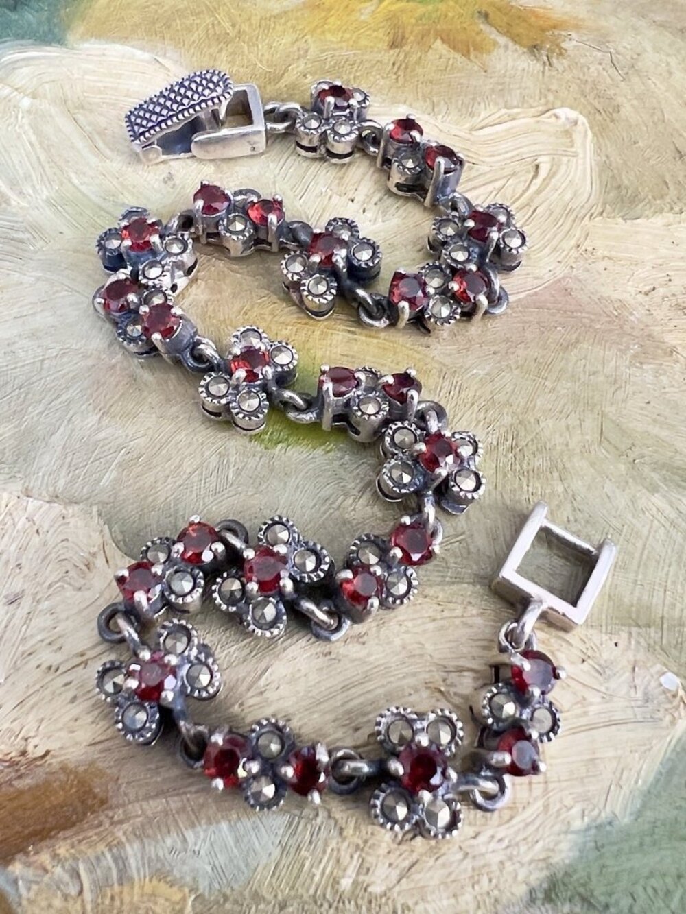 Vintage Garnet Sterling Silver Marcasite Bracelet